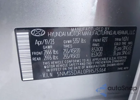 2023 Hyundai Santa Fe Calligraphy z USA, uszkodzony, nr VIN 5NMS5DAL0PH575364